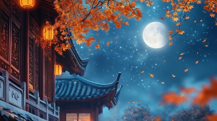 Full moon hangs over ancient Chinese building,maple leaves.Mid-Autumn Festival theme banner.