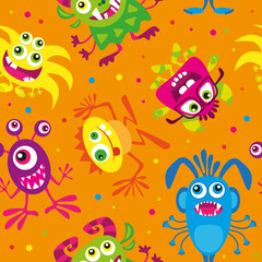 Halloween vector illustration. Funny cartoon monster seamless pattern on bright background. Bright design for party decoration.