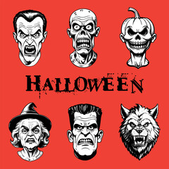 Set of Halloween characters isolated on colored background. Hand drawn vector illustration in comic style.