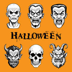 Set of Halloween characters isolated on colored background. Hand drawn vector illustration in comic style.