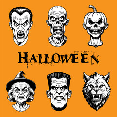 Set of Halloween characters isolated on colored background. Hand drawn vector illustration in comic style.