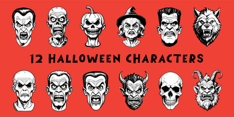 Set of Halloween characters isolated on colored background. Hand drawn vector illustration in comic style.