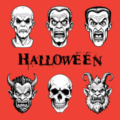 Set of Halloween characters isolated on colored background. Hand drawn vector illustration in comic style.
