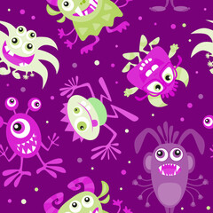 Halloween vector illustration. Funny cartoon monster seamless pattern on bright background. Bright design for party decoration.