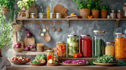 Fresh vegetables and colorful jars of preserved foods displayed on a rustic wooden table in a cozy kitchen setting