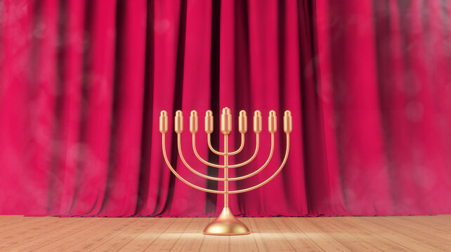 front view, horizontal illustration of a menorah. Red background. For banner, design, poster, print, cover, social media. Copy space for text