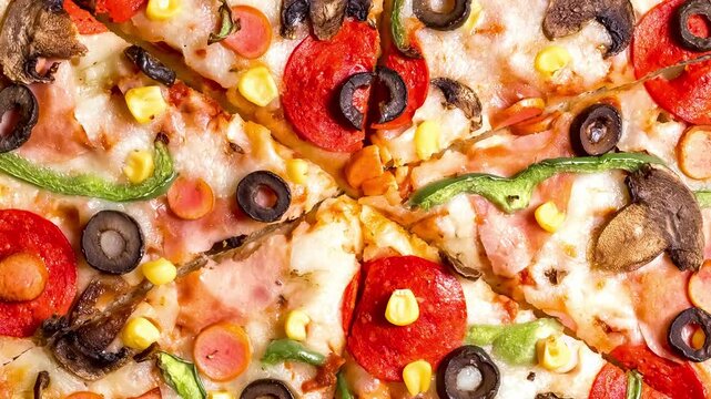 Pizza close up texture background realistic 3d render animation sequence zoom rotation