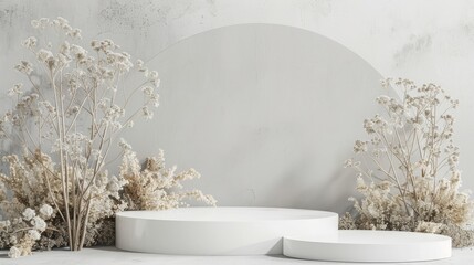Fototapeta premium Product showcase with white podium and dried flowers on gray backdrop