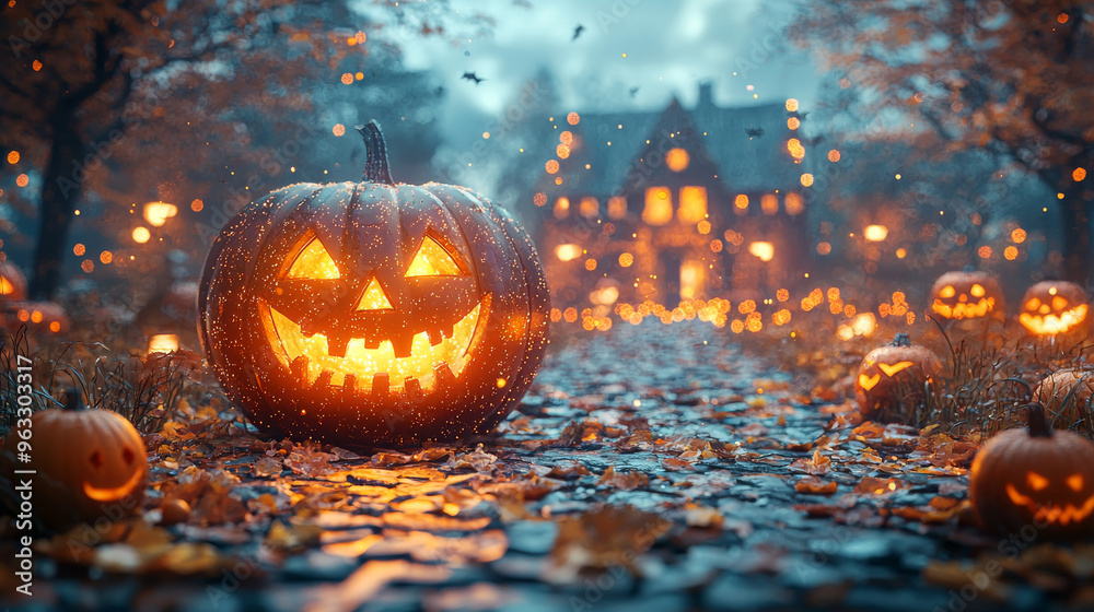 Wall mural A jack-o'-lantern glows brightly on a cobblestone path, surrounded by other pumpkins and a house in the distance.