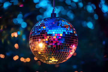 Obraz premium A disco ball hangs from the ceiling with a dark background and a blue blur of lights.