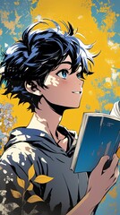 Manga guy anime teenage boy reading an exciting book,  happy face