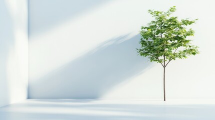 Obraz premium A minimalist courtyard showcases a small tree surrounded by vibrant greenery and smooth wooden flooring, bathed in natural light against a backdrop of clear blue skies