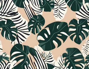 Monstera Deliciosa Leaf with Abstract Shape Seamless Pattern. Perfect for Textile, Fabric, Background
