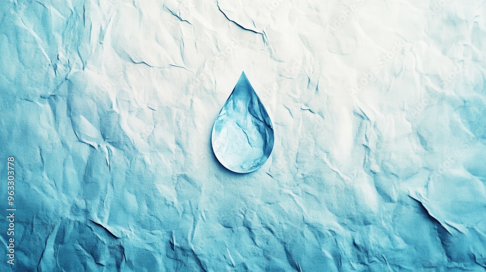 Poster a minimalist logo displays a single drop of water on a wrinkled blue backdrop, embodying themes of h