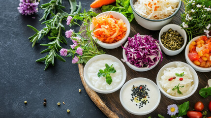 Colorful assortment of fresh salads and ingredients displayed in white bowls on a wooden platter with herbs and flowers