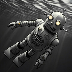 Swimming robot under water sad grey outlook