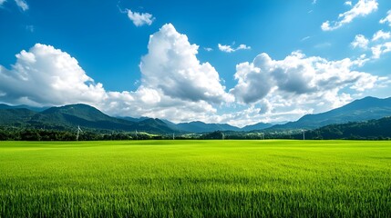 Obraz premium green field landscape with blue sky and white clouds