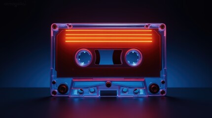 Neon Blue and Orange Glowing Cassette Tape from a Vintage Tape Recorder on a Dark Background