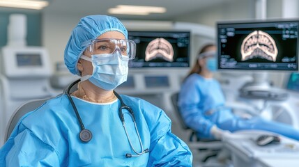 A healthcare professional in blue scrubs and protective gear, focused on patient care in a modern medical environment.