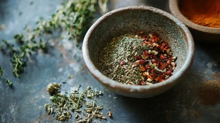 Dried herbs and spices in a ceramic bowl on a rustic surface