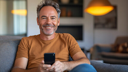 Happy man relaxes at home, smiling and using his phone on the sofa