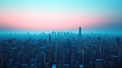 Obraz premium A stunning aerial view of a futuristic cityscape bathed in soft pastel hues at dawn, showcasing skyscrapers and urban beauty.