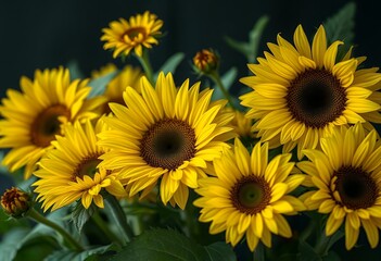 Fototapeta premium set of yellow flowers, sunflowers with leaves, botanical picture, floral design for digital content 