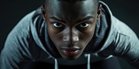 Determined Athlete: A young man in a tracksuit, his head tilted back and a look of determination in his eyes.