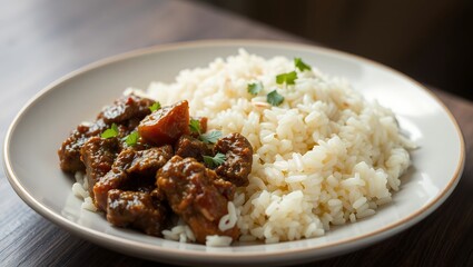 Side view pilaf with stewed beef meat on a plate 