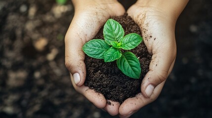 Close-up of hands gently holding a small green plant in soil, symbolizing growth, nurturing, environmental care, and sustainability.