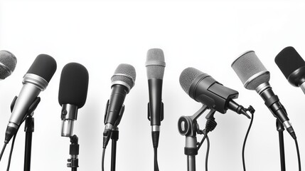 A group of microphones isolated on a white background, press conference
