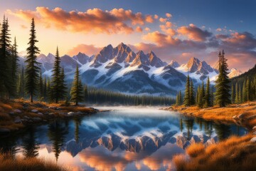 Obraz premium Beautiful landscape with lake and mountains