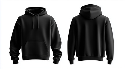 Blank hoodie color black template front and back view on white background. crew neck mock up isolated on white background. Created using Generative AI Technology