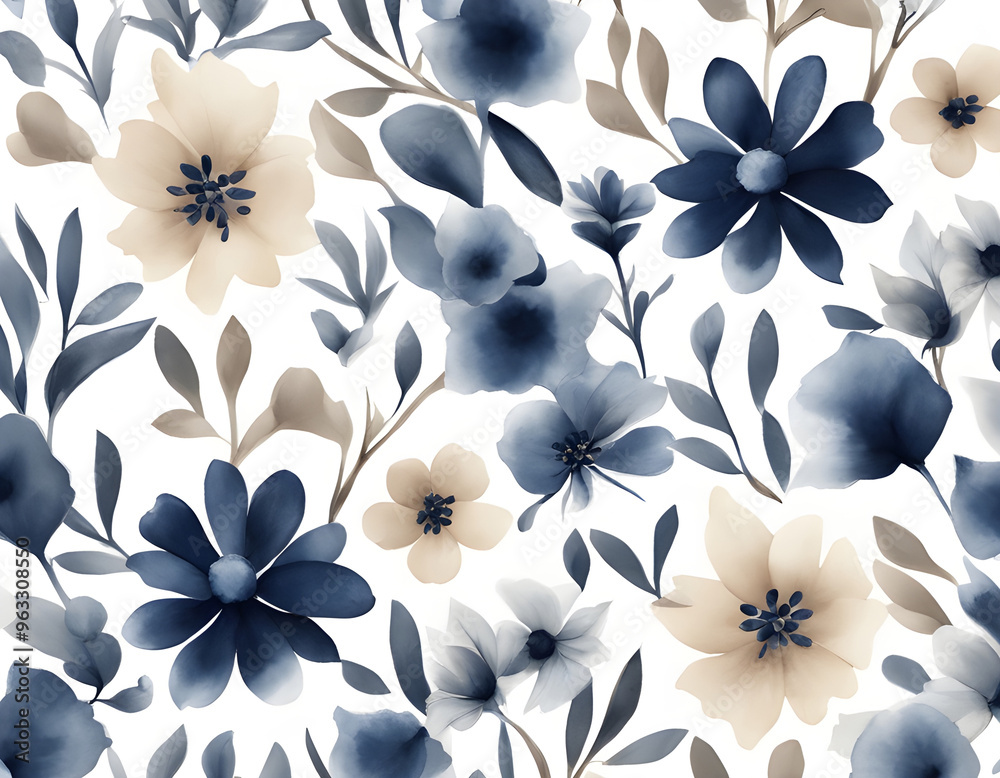 Wall mural Floral seamless pattern with abstract Blue and beige flowers background