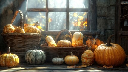 Autumn Harvest A Bountiful Display of Pumpkins and Gourds Bathed in Warm Light, Rustic Windowsill with Fall Leaves