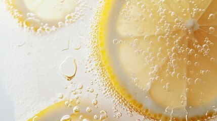 Lemon Slice Submerged in Sparkling Water with Bubbles