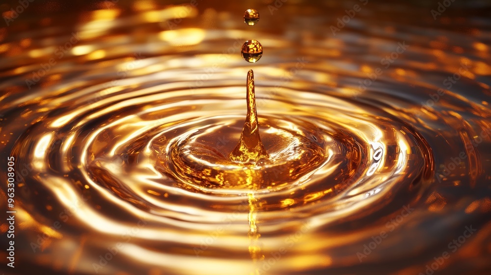 Wall mural golden liquid drop splashing creating ripples on surface