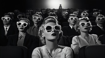Black and white photo of people watching a film wearing 3d glasses, retro style