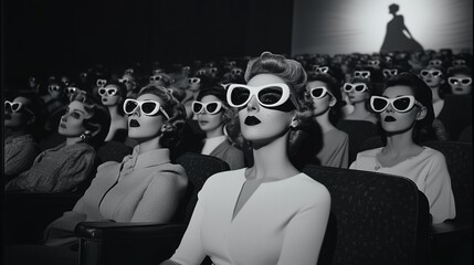 Black and white photo of people watching a film wearing 3d glasses, retro style 