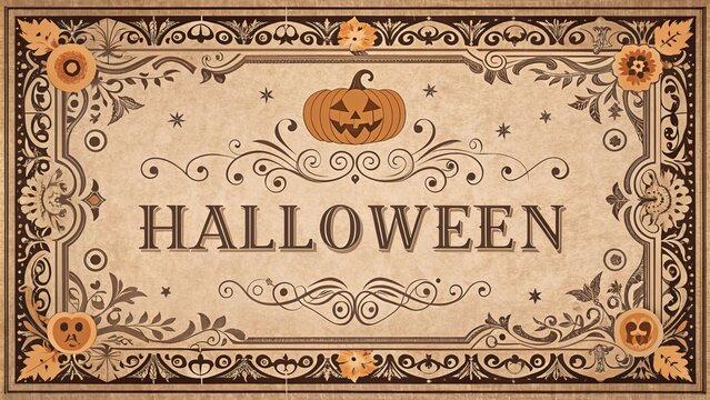 Vintage-inspired Halloween invitation card with ornate border and muted color palette for a nostalgic and whimsical feel