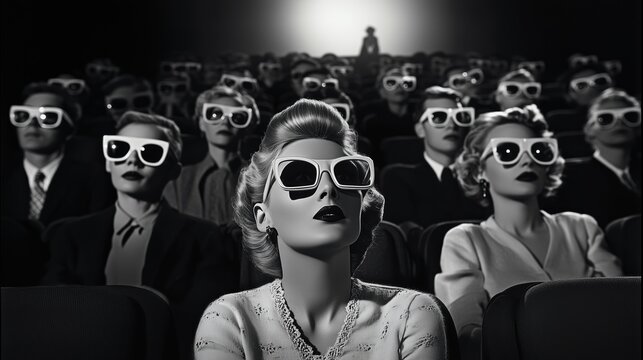 Black and white photo of people watching a film wearing 3d glasses, retro style 