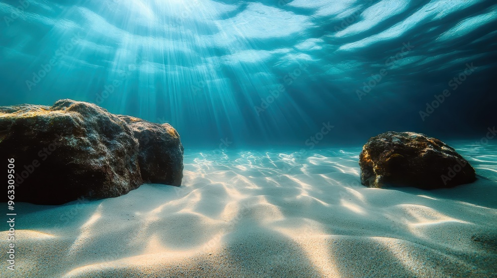 Wall mural underwater scene, crystal clear turquoise waters, sandy seabed ripples, sunlight rays piercing throu