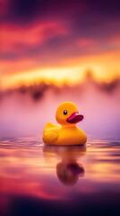 Yellow rubber duck floating on water at sunset