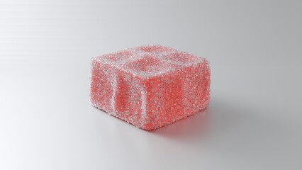 A highly detailed transparent cube with fine textured edges and a pink-orange hue on a smooth white background with abundant copy space for text placement.
