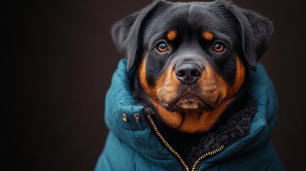 Rottweiler dog wearing blue winter jacket posing