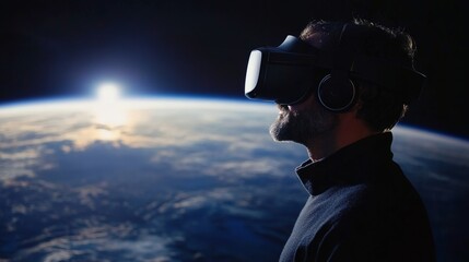 Fototapeta premium Astronaut wearing vr headset exploring outer space from earth orbit