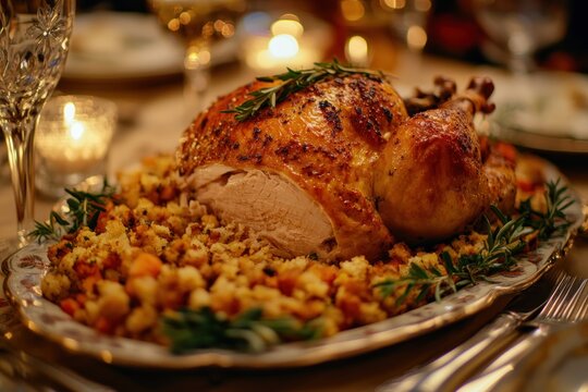 Delicious Thanksgiving Turkey with Stuffing, A Festive Feast for Family and Friends This mouthwatering roasted turkey, perfectly golden brown, is nestled on a bed of savory stuffing, ready to be