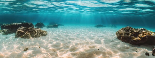 Underwater scene, crystal clear turquoise waters, sandy seabed ripples, sunlight rays piercing through, coral reef boulders, split view with ocean surface, serene and tranquil ambiance