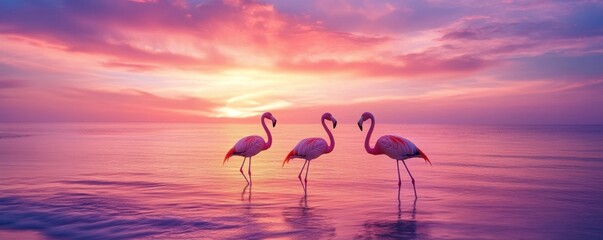 Fototapeta premium Pink flamingos enjoying sunset over ocean water