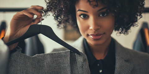 Elegant Designer: A woman in chic attire, holding a hanger with a stylish garment and inspecting it with a critical eye.